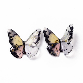 Transparent Resin Cabochons, with Gold Foil, Butterfly, Floral White, 37~38x38~42x3.5~4mm