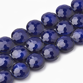 Opaque Solid Color Glass Beads Strands, Faceted, Flat Round, Indigo, 14x8mm, Hole: 1~1.2mm, about 25pcs/strand, 13.77 inch(35cm)
