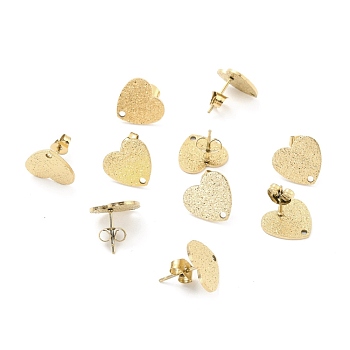 Ion Plating(IP) 304 Stainless Steel Stud Earring Findings, with Ear Nuts, Textured Heart, Real 18K Gold Plated, 12x13mm, Hole: 1.5mm, Pin: 0.7mm