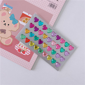 Acrylic Rhinestone Self-Adhesive Stickers, Waterproof Bling Faceted Heart Crystal Decals for Party Decorative Presents, Kid's Art Craft, Colorful, Heart: 12mm, about 36pcs/sheet