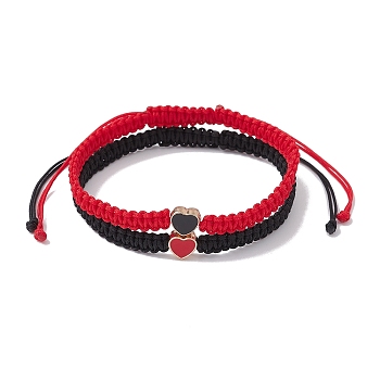 2Pcs 2 Colors Braided Nylon Thread, Chinese Knotting Cord Beading Cord Braided Bead Best Friends Bracelts, with Alloy Enamel Beads, Heart, Black, Red, 60~110, 1pc/color