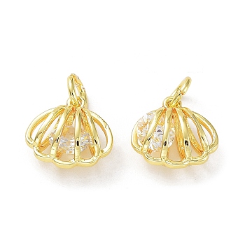 Rack Plating Brass Clear Cubic Zirconia Pendants, Long-Lasting Plated, Cadmium Free & Lead Free, with Jump Rings, Shell Shape, Real 18K Gold Plated, 12.5x12.5x7mm, Hole: 4mm
