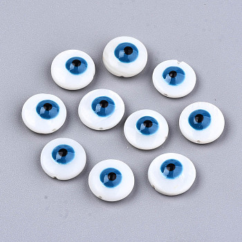 Natural Freshwater Shell Beads, with Enamel, Flat Round with Evil Eye, Dodger Blue, 10.5x4~5mm, Hole: 0.8mm