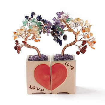 7 Chakra Natural Gemstone Chips and Ceram Pedestal Display Decorations, with Rose Gold Plated Brass Wires, Lucky Tree, 56x158x156mm