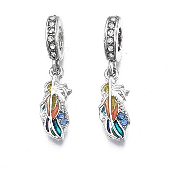 Rack Plating Alloy Enamel European Dangle Charms, Large Hole Pendants, with Crystal Rhinestone, Cadmium Free & Nickel Free & Lead Free, Feather, Platinum, Colorful, 28.5mm, Hole: 5mm, Feather: 18x7x2mm