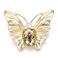 Natural Pearl & Glass Butterfly Brooches for Women, Brass Cubic Zirconia Pins, Real 14K Gold Plated, 46x56x13mm(JEWB-N001-06G)