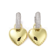 Two Tone Brass Micro Pave Clear Cubic Zirconia Dangle Hoop Earrings, Platinum & Golden, Heart, 31x17mm(EJEW-M243-02A-GP)