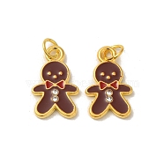Alloy Enamel Pendants, Cadmium Free & Lead Free, with Rhinestone, Lovely Christmas Gingerbread Man, Nice for Holiday Jewelry Making, Golden Color, Brown, about 11mm wide, 22mm long,1.5mm thick, hole:3mm(X-BSA0002)