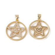 Brass Micro Pave Clear Cubic Zirconia Pendants, Cadmium Free & Nickel Free & Lead Free, Rack Plating, Flat Round with Star Pattern, Real 18K Gold Plated, 23.5x21x2.5mm, Hole: 3.5mm(KK-G439-43G)