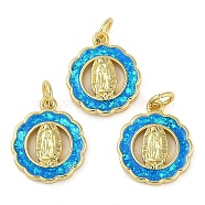 Rack Plating Brass Pendants, with Synthetic Opal, Long-Lasting Plated, Lead Free & Cadmium Free, Flat Round with Virgin Mary Pattern, Real 18K Gold Plated, 15.5x13x2.8mm, Hole: 3mm(KK-U032-20G-01)