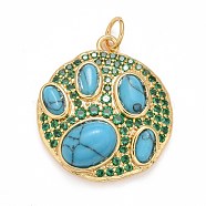 Synthetic Turquoise Pendants, with Rack Plating Brass Micro Pave Green Cubic Zirconia Findings, Cadmium Free & Nickel Free & Lead Free, Long-Lasting Plated, Flat Round, Real 18K Gold Plated, 22x19.5x6mm, Jump Ring: 5x0.5mm, Inner Diameter: 3.5mm(KK-M229-06G)