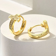 Brass Clear Cubic Zirconia Hoop Earrings, Cross, Real 14K Gold Filled, 15x9.5mm(EJEW-M047-03G)