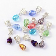 European Dangle Charms, with Alloy, Brass and Glass Findings, teardrop, Silver Color Plated, Mixed Color, Size: about 8mm wide, 29mm long, hole: 4.5mm(X-MPDL-H037)