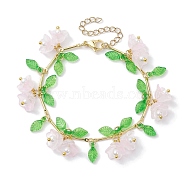 Flower Glass & Acrylic Charm Bracelets, Brass Bar Link Chain Bracelets for Women, Pink, 7-1/8 inch(18cm)(BJEW-JB10443-04)