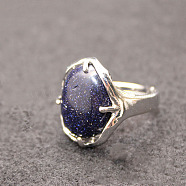 Oval Synthetic Blue Goldstone Adjustable Ring, Platinum Alloy Jewelry for Women, Inner Diameter: 18mm(FIND-PW0021-05N)