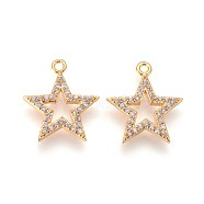 Brass Micro Pave Cubic Zirconia Pendants, Long-Lasting Plated, Star, Clear, Golden, 17x15x2mm, Hole: 1.4mm(KK-F809-09G)