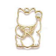 Zinc Alloy Kitten Open Back Bezel Pendants, for DIY UV Resin, Epoxy Resin, Pressed Flower Jewelry, Maneki Neko/Beckoning Cat Shape, Golden, 39.5x23.5x1.5mm, Hole: 2mm(PALLOY-I126-14)