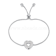 Eco-Friendly Electroplate Brass Slider Bracelets, Bolo Bracelets, with Cubic Zirconia, Heart, Platinum, 10 inch(25.5cm)(BJEW-EE0006-03P)