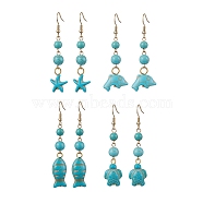 Ocean Series Synthetic Turquoise Dangle Earrings, 304 Stainless Steel Jewelry for Women, Starfish Dolphin Fish Turtle, Mixed Shapes, 62~69x12~14mm, 4pair/set(EJEW-JE05849)