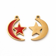 Ion Plating(IP) 304 Stainless Steel Pendants, With Enamel, Moon With Star, Red, 15.5x11.5x1mm, Hole: 1.2mm(STAS-F291-05G-01)