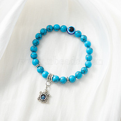 Synthetic Turquoise Stretch Bracelet with Evil Eye Charms, Mixed Shapes(SM1499-6)