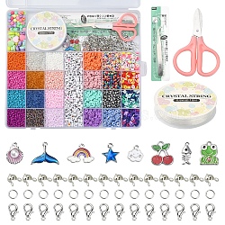 DIY Heishi & Seed Beads Jewelry Set Making Kit, Including Acrylic & Polymer Clay & Glass Seed Beads, Alloy Clasp & Pendant, Elastic Thread, Iron Jump Rings & Bead Tips, Scissors & Tweezers, Mixed Color, Beads: 6140pcs/set(DIY-YW0005-47)