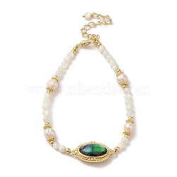 Natural Paua Shell Oval Link Bracelet with Pearl Beaded, Real 14K Gold Plated, 6-3/8 inch(16.3cm)(BJEW-C051-37G)