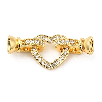 Rack Plating Brass Pave Clear Cubic Zirconia Fold Over Clasps, Lead Free & Cadmium Free, Long-Lasting Plated, Heart, Real 18K Gold Plated, 12x28mm, Hole: 0.8mm