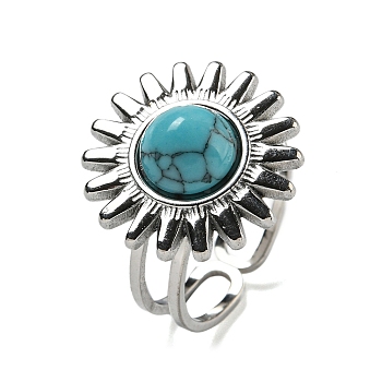 Sun 304 Stainless Steel Open Cuff Rings, Synthetic Turquoise Finger Rings for Women Men, Stainless Steel Color, Adjustable