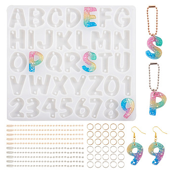Pandahall 1Pc Letter & Number Connector Charm Silicone Molds, with 40Pcs Iron Ball Chains with Connector & 80Pcs Jump Rings, White, 165x179x6.5mm, Hole: 2.5mm