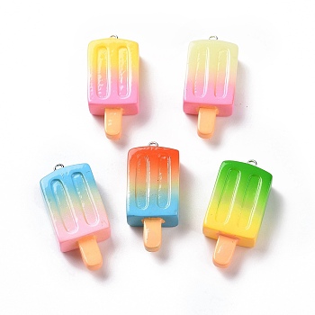 Gradient Color Resin Imitation Food Pendants, Ice Lolly Charms, with Platinum Tone Iron Loops, Mixed Color, 43x19x10mm, Hole: 2mm