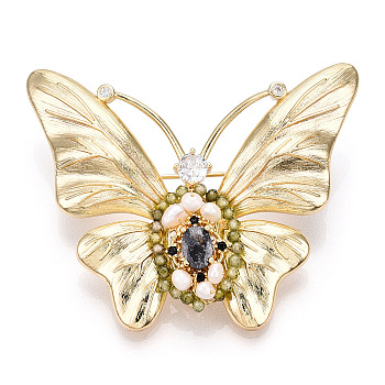 Natural Pearl & Glass Butterfly Brooches for Women, Brass Cubic Zirconia Pins, Real 14K Gold Plated, 46x56x13mm