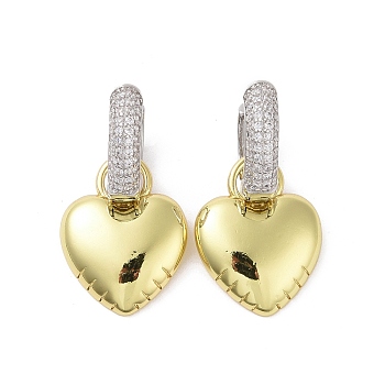 Two Tone Brass Micro Pave Clear Cubic Zirconia Dangle Hoop Earrings, Platinum & Golden, Heart, 31x17mm