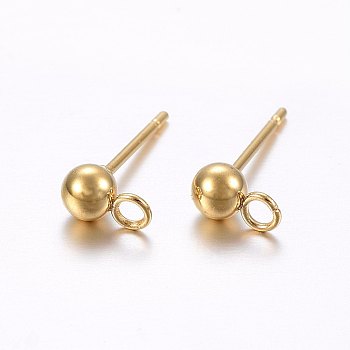 304 Stainless Steel Ball Stud Earring Findings, with Loop, Round, Golden, 15x4mm, Hole: 1.8mm
