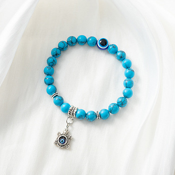 Synthetic Turquoise Stretch Bracelet with Evil Eye Charms, Mixed Shapes