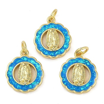 Rack Plating Brass Pendants, with Synthetic Opal, Long-Lasting Plated, Lead Free & Cadmium Free, Flat Round with Virgin Mary Pattern, Real 18K Gold Plated, 15.5x13x2.8mm, Hole: 3mm