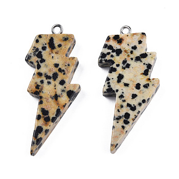 Natural Dalmatian Jasper Pendants, Lightning Bolt Charm, with Stainless Steel Color Tone 304 Stainless Steel Loops, 40~44.5x17~20x4.5~6mm, Hole: 2mm