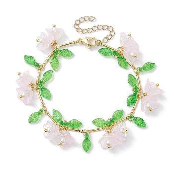 Flower Glass & Acrylic Charm Bracelets, Brass Bar Link Chain Bracelets for Women, Pink, 7-1/8 inch(18cm)