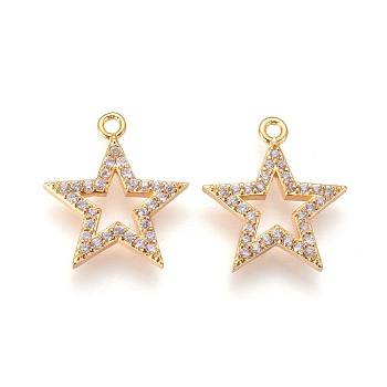 Brass Micro Pave Cubic Zirconia Pendants, Long-Lasting Plated, Star, Clear, Golden, 17x15x2mm, Hole: 1.4mm