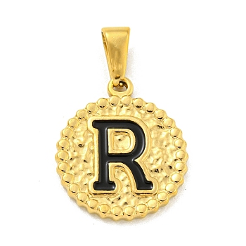 Ion Plating(IP) 304 Stainless Steel Enamel Pendants, Golden, Flat Round with Letter Charm, Letter R, 21x18x2mm, Hole: 8x3.5mm