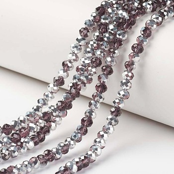 Electroplate Transparent Glass Beads Strands, Half Silver Plated, Faceted, Rondelle, Coconut Brown, 8x6mm, Hole: 1mm, about 63~65pcs/strand, 39~40cm