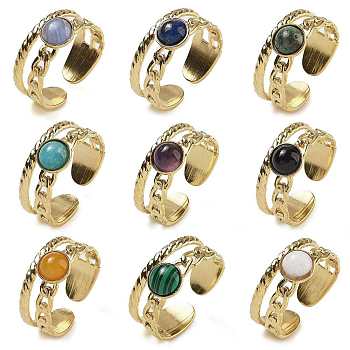 Natural & Synthetic Gemstone Finger Rings, 304 Stainless Steel Open Cuff Rings, Real 18K Gold Plated, 8.5mm, Adjustable