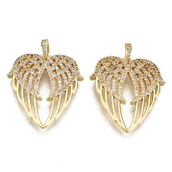 Brass Micro Pave Clear Cubic Zirconia Pendants, Nickel Free, Wing Shape, Real 16K Gold Plated, 27.5x24x3mm, Hole: 4.5x2.5mm