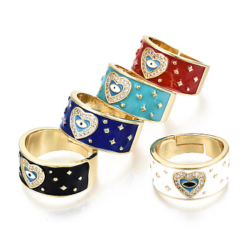 Adjustable Brass Micro Pave Clear Cubic Zirconia Finger Rings, Wide Band Rings, with Enamel, Nickel Free, Heart with Evil Eye, Real 16K Gold Plated, Mixed Color, US Size 8 1/2(18.5mm)