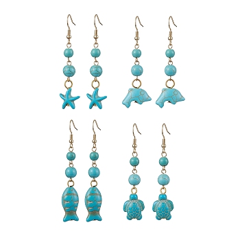 Ocean Series Synthetic Turquoise Dangle Earrings, 304 Stainless Steel Jewelry for Women, Starfish Dolphin Fish Turtle, Mixed Shapes, 62~69x12~14mm, 4pair/set