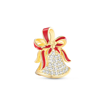 TINYSAND 925 Sterling Silver Enamel Golden Christmas Bell European Beads, with Cubic Zirconia, Golden, 13.18x9.8x9.19mm, Hole: 4.42mm