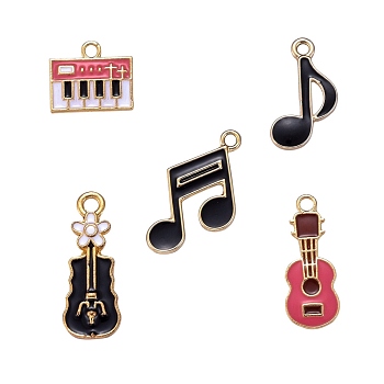 30Pcs 5 Style Light Gold Plated Music Theme Alloy Enamel Pendants, Electronic Organ & Eighth note & Sixteenth note & Violin & Guitar Shape, Mixed Color, 30pcs/box