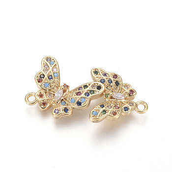 Brass Micro Pave Cubic Zirconia Links connectors, Butterfly, Colorful, Golden, 14.5x27x3.5mm, Hole: 1.4mm