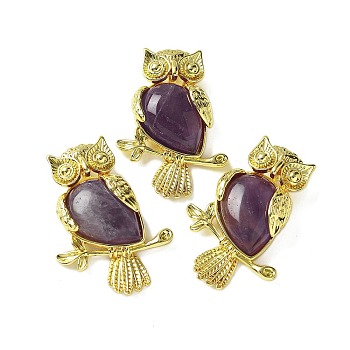 Natural Amethyst Pendants, Brass Owl Charms, Golden, Rack Plating, Cadmium Free & Lead Free, 36.5x26.5x7.5mm, Hole: 6.5x4.5mm