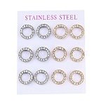 PVD Vacuum Plating 304 Stainless Steel Stud Earrings, Long-Lasting Plated, with Rhinestone, Ring, Golden & Stainless Steel Color, 13mm, 12pcs/set(EJEW-C099-09-04)
